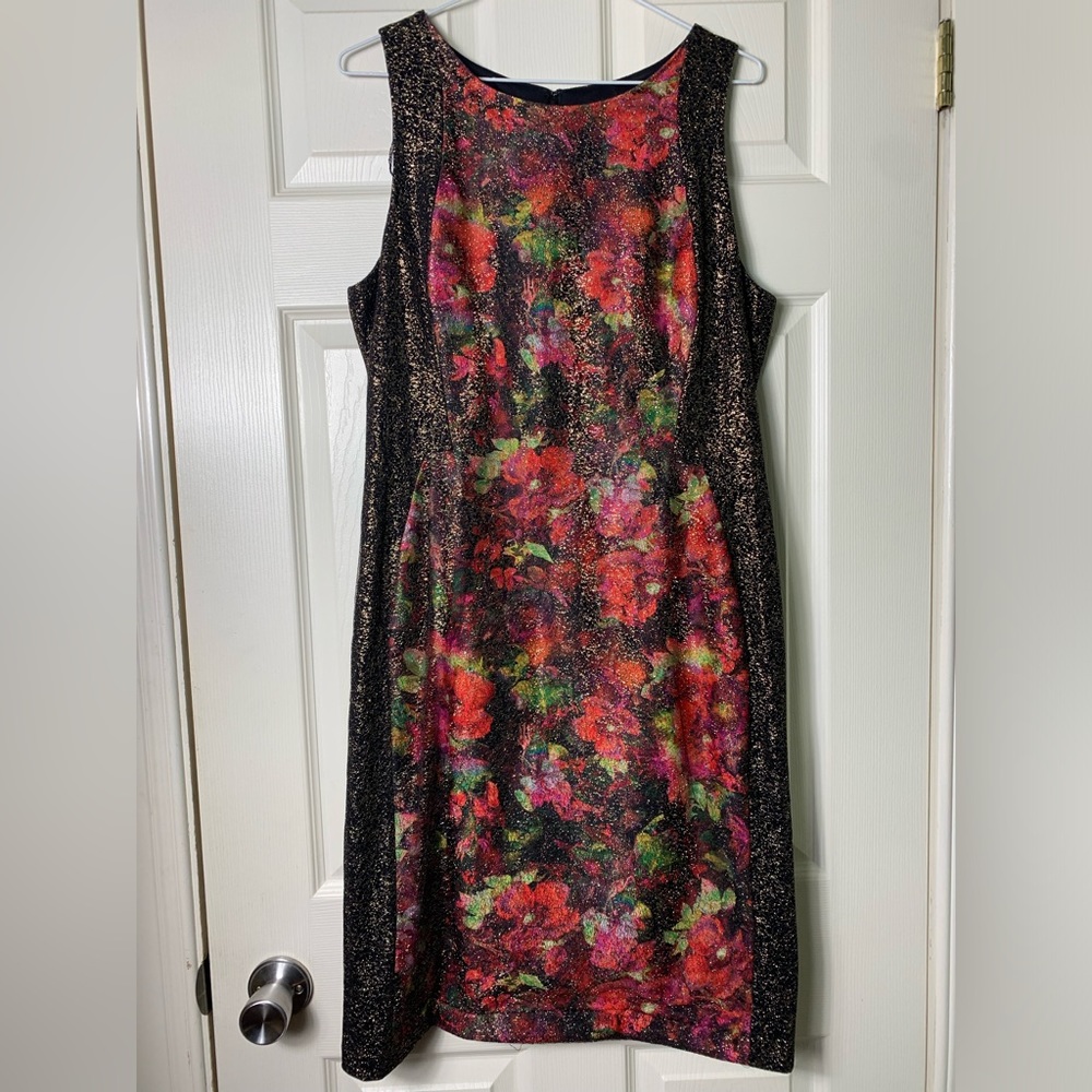 Adrianna Papell | Black & Bright Multicoloured Floral Gold Overlay Dress - 14